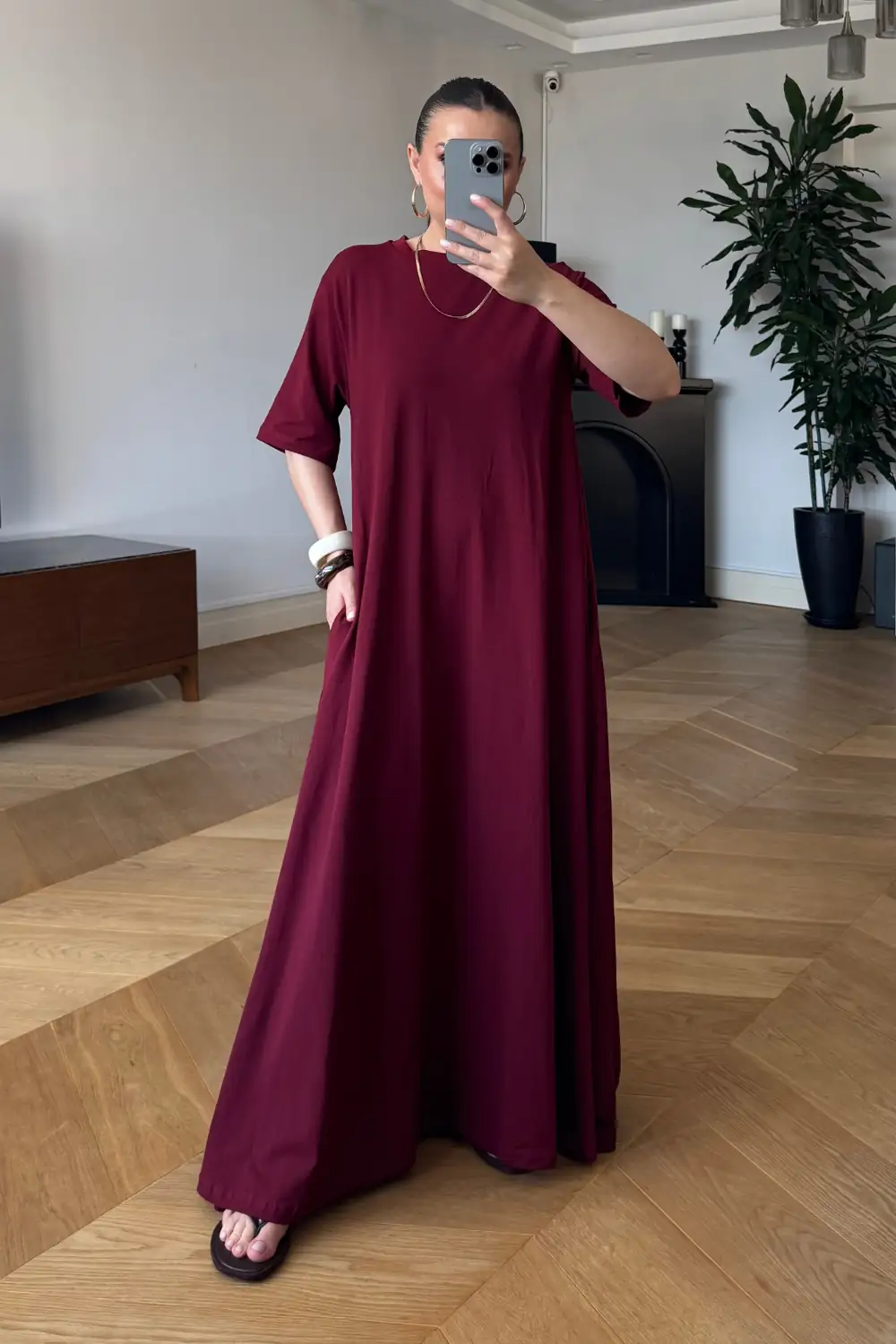 Bisiklet Yaka Kısa Kollu Uzun Elbise - BORDO