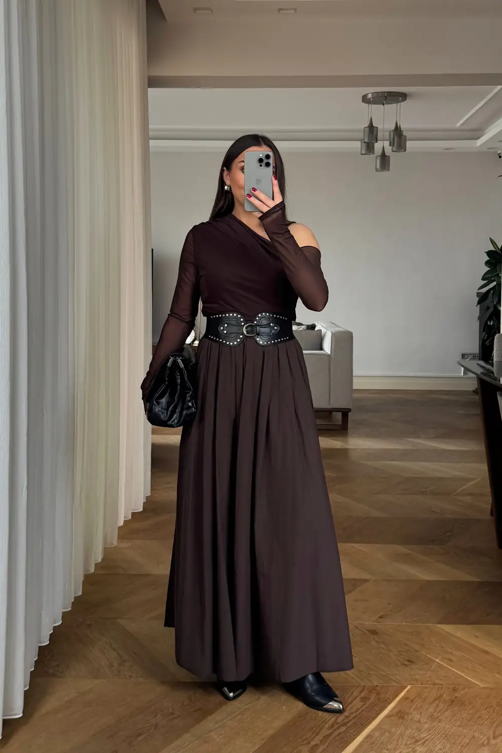 Beli Lastikli Uzun Poplin Etek - Acı Kahve