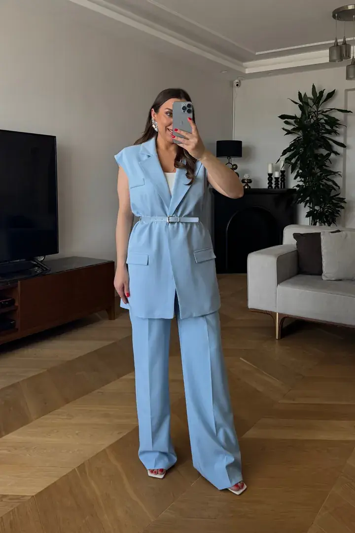 Kemerli Oversize Kadın Yelek - Bebe Mavi