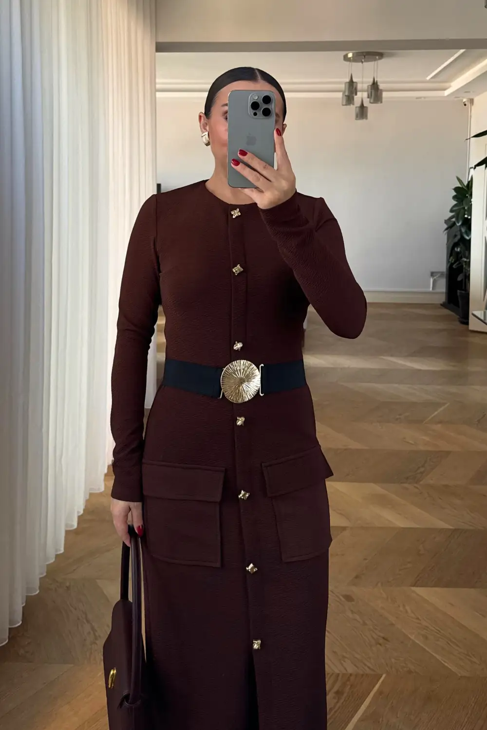 Düğme detaylı Uzun Kollu Elbise 3