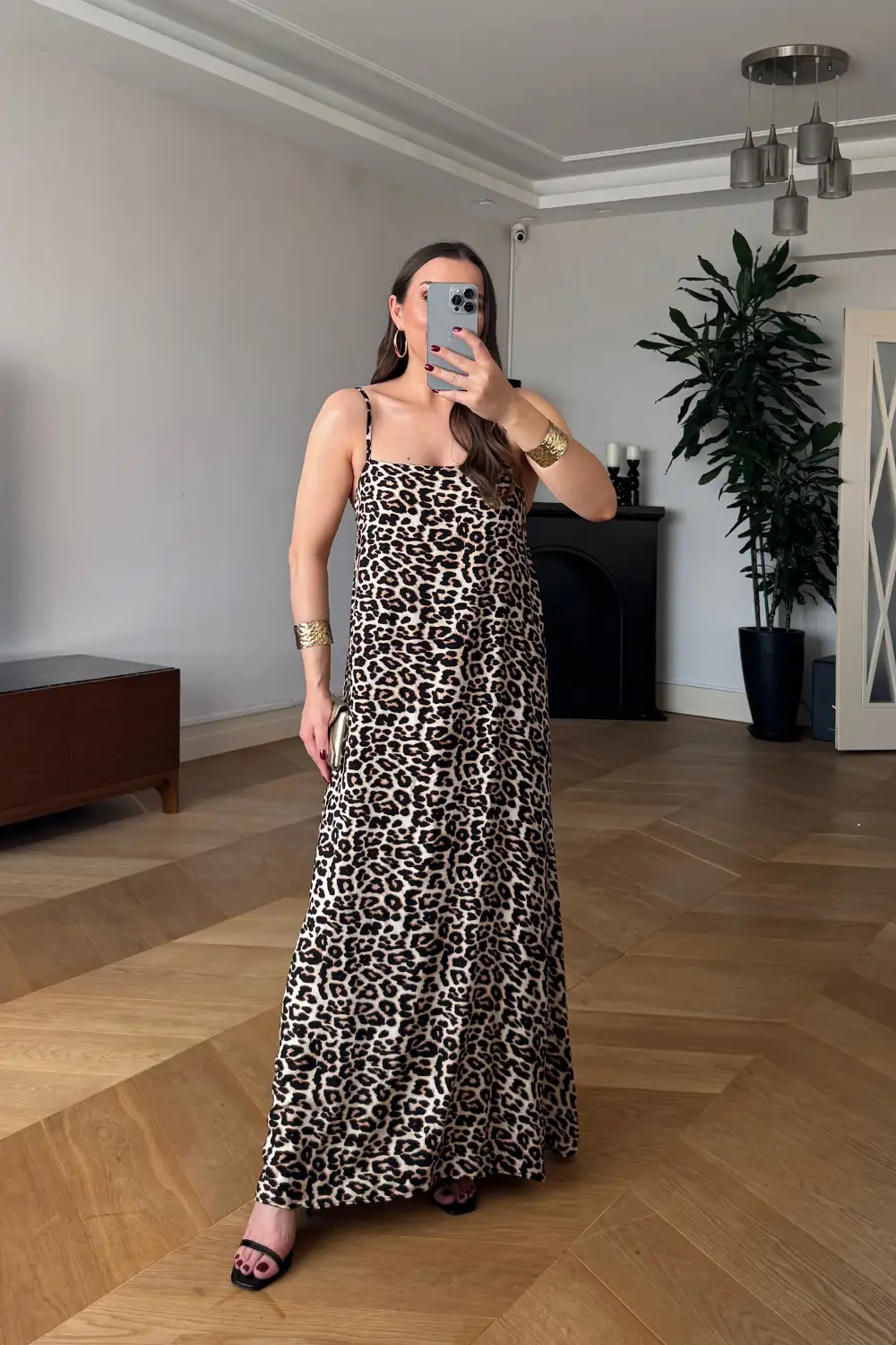 Leopar Desenli Askılı Uzun Elbise - Siyah/Bej