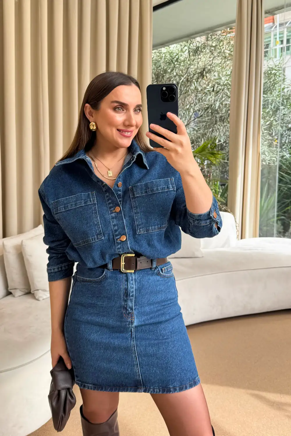 Gömlek Yaka Kemerli Mini Denim Elbise 1