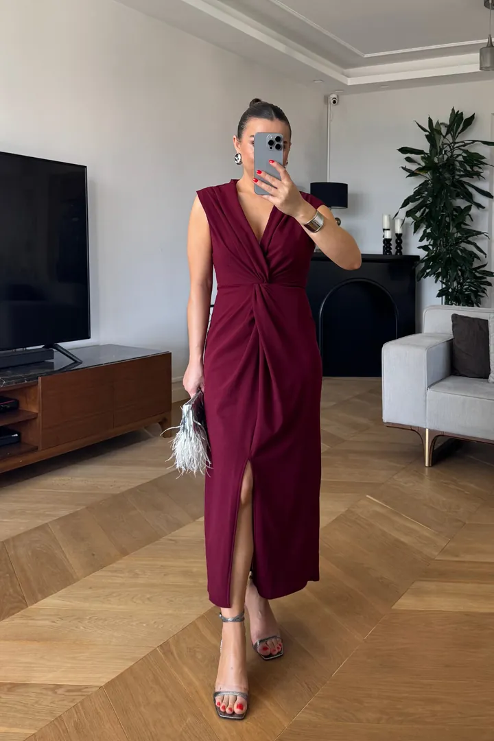 Düğüm Detaylı Sıfır Kol Midi Elbise - BORDO