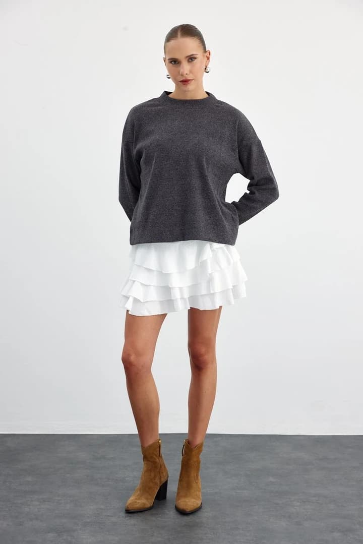 Yumuşak Dokulu Yarım Balıkçı Kadın Sweatshirt - Antrasit