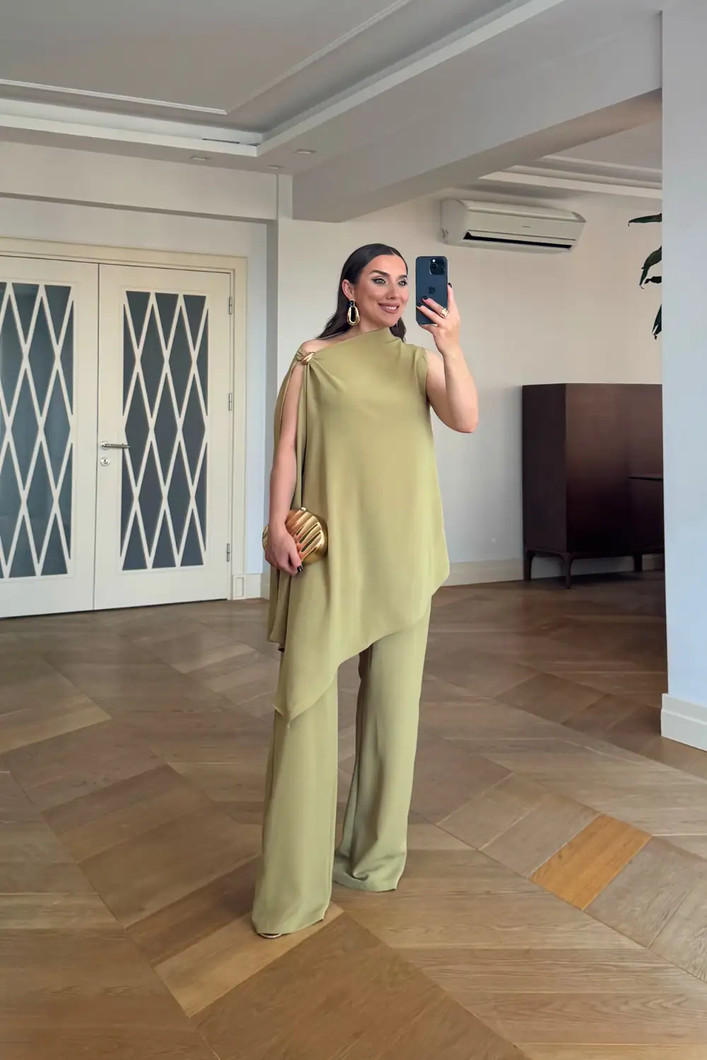 Asimetrik Kesim Bluz Pantolon Takım - Yağ Yeşil