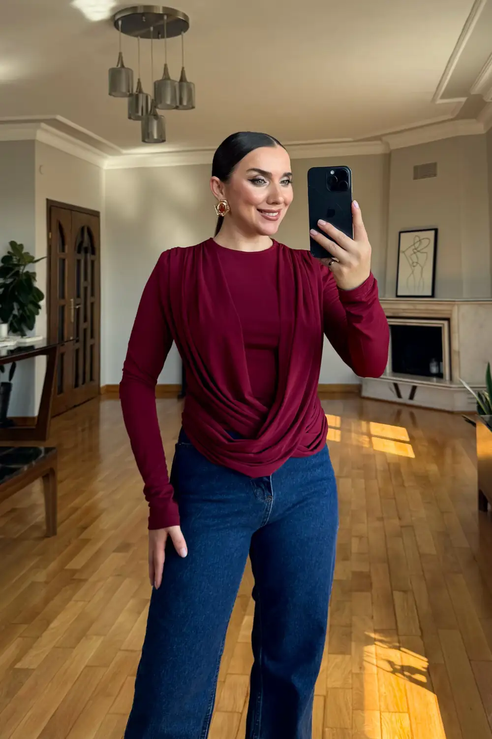 Kruvaze Şal Detaylı Uzun Kollu Bluz - BORDO