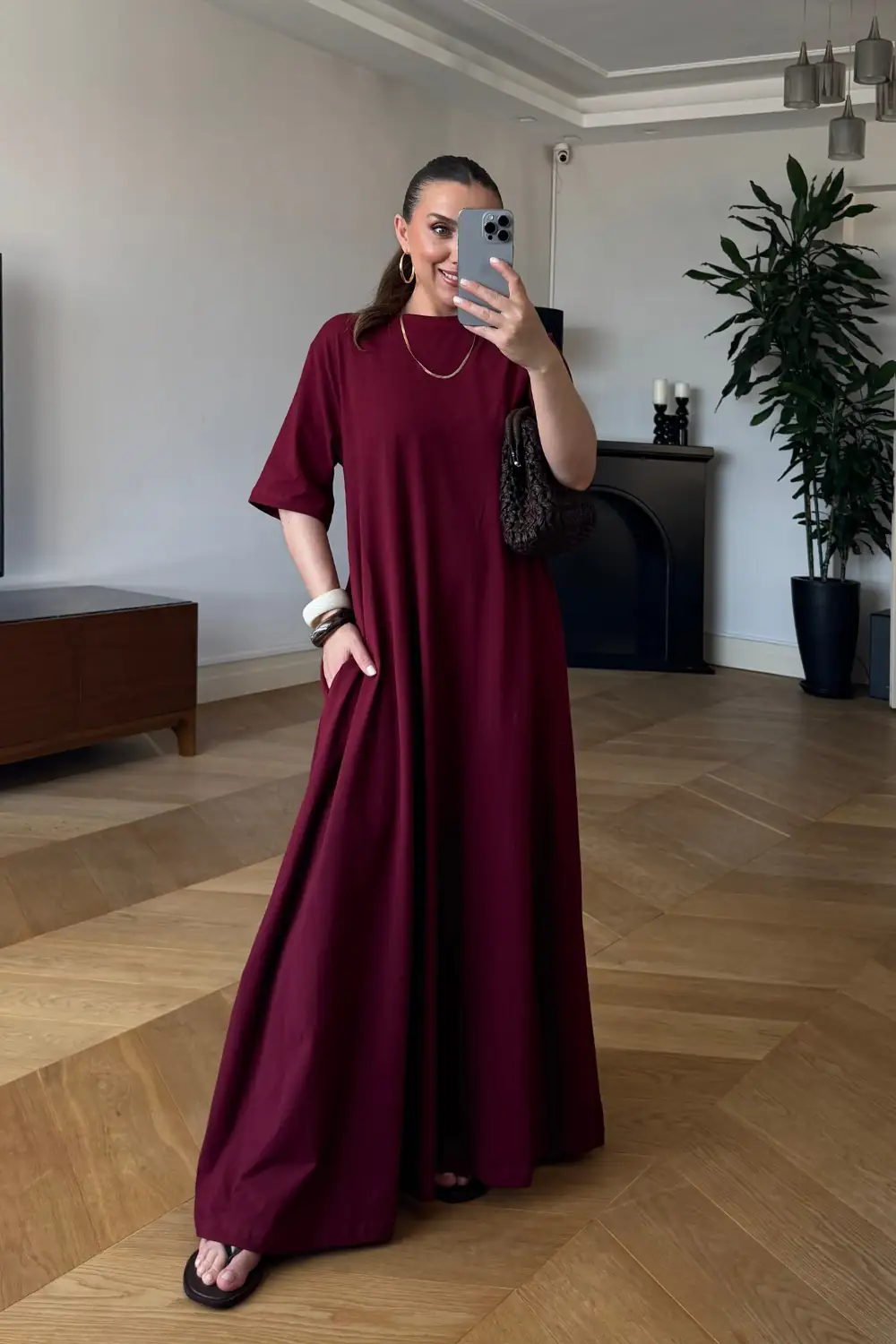 Bisiklet Yaka Kısa Kollu Uzun Elbise - BORDO