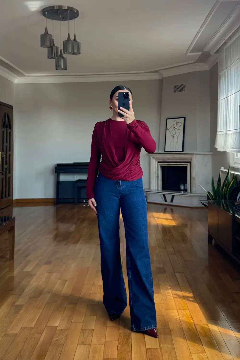 Kruvaze Şal Detaylı Uzun Kollu Bluz - BORDO