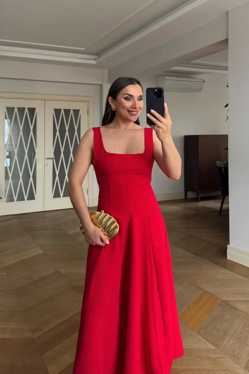 Kare Yaka Askılı Midi Elbise 4
