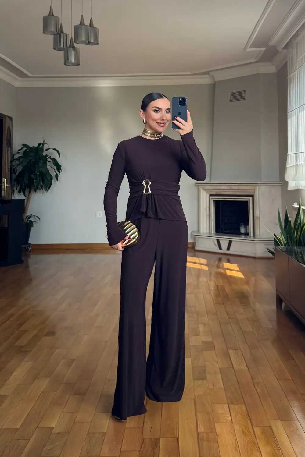 Toka Detaylı Bluz Pantolon Kadın Takım - Kahverengi