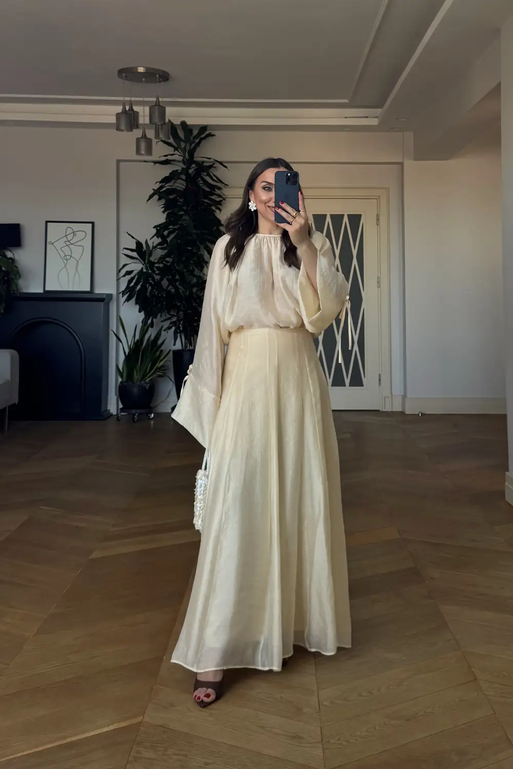 Büzgü Detaylı Bluz Etek Tencel Takım - Sarı