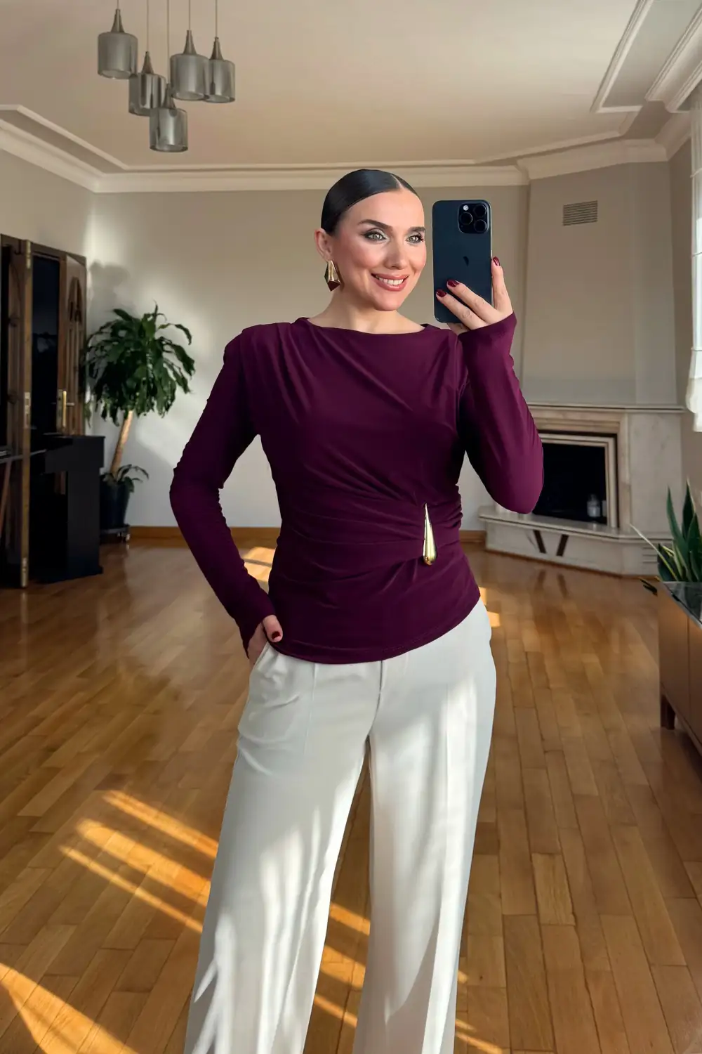 Vatkalı Drape Detaylı Uzun Kollu Bluz - Mürdüm