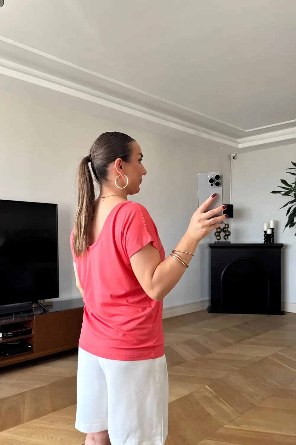 Ön Arka V Kısa Kollu Kadın Tişört - Nar Çiçeği