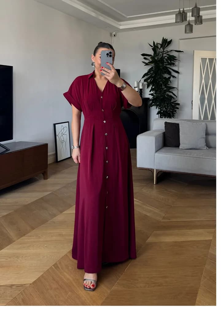 Kısa Kollu Uzun Gömlek Elbise - BORDO
