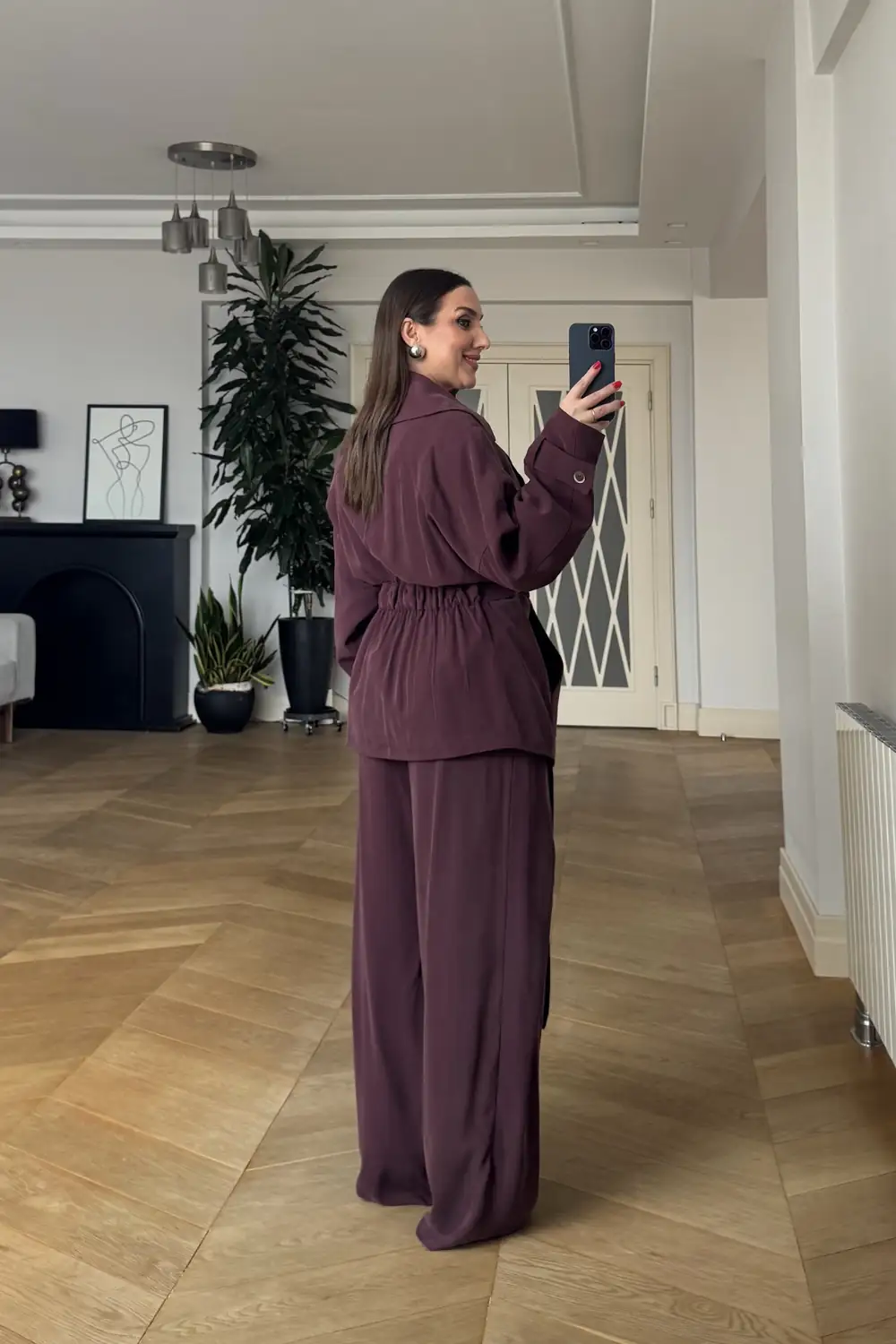 Tek Düğmeli Kuşaklı Ceket Pantolon Kadın Takım - Mürdüm