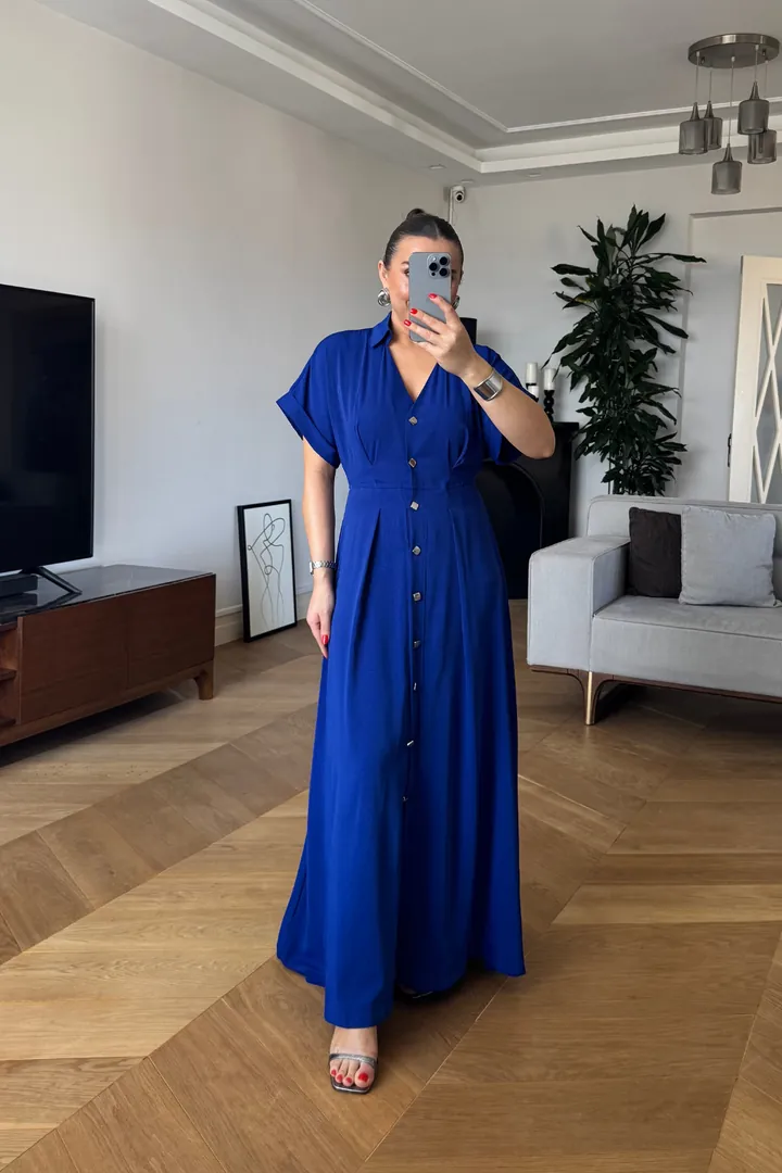Kısa Kollu Uzun Gömlek Elbise - SAKS MAVİ