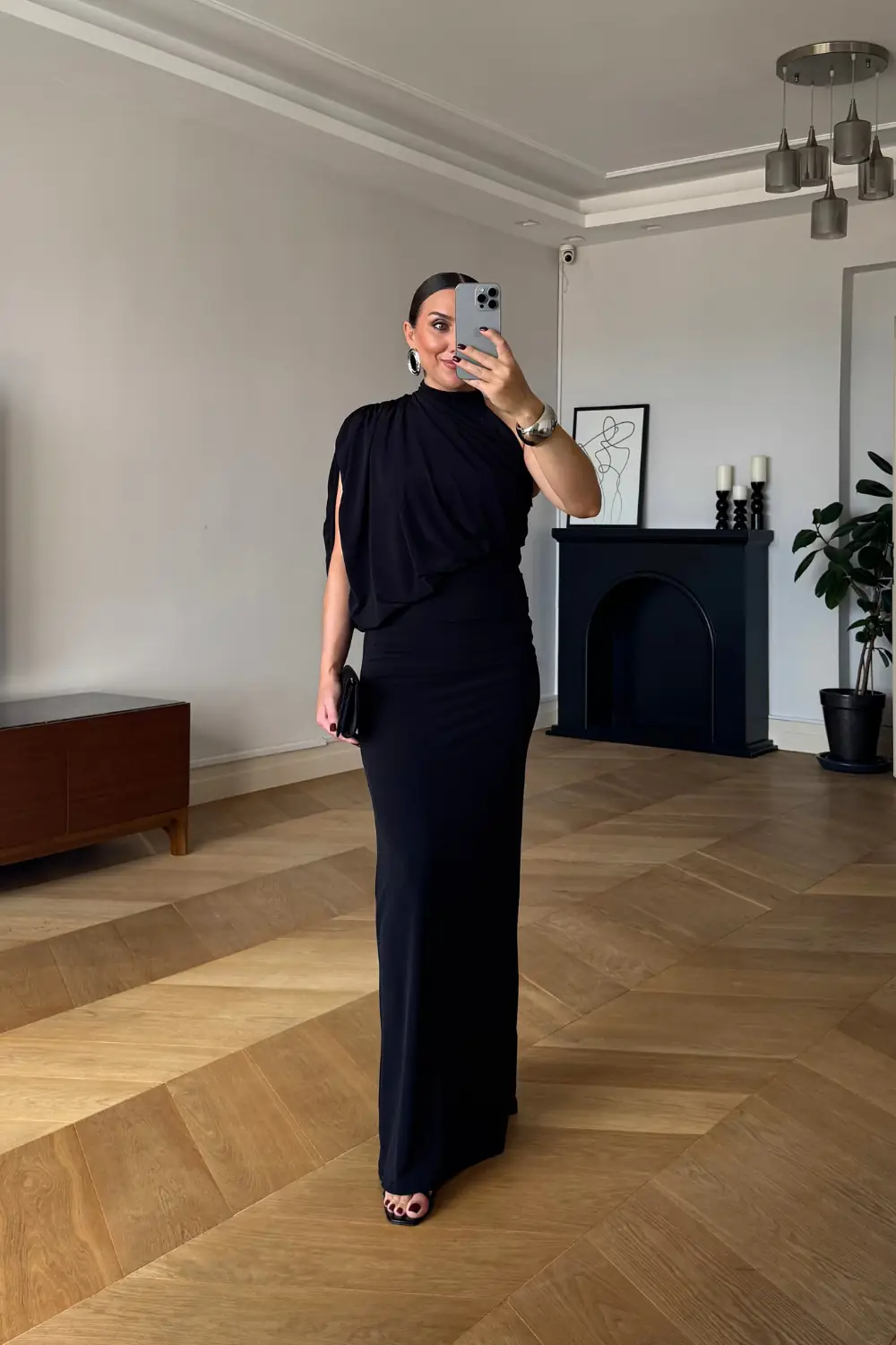 Tek Omuz Drape Detaylı Uzun Elbise 5