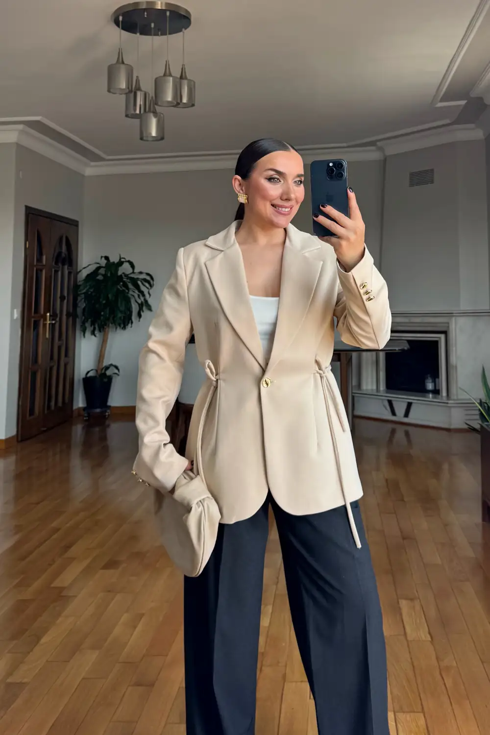 Bağlama Detaylı Blazer Kadın Ceket - Bej