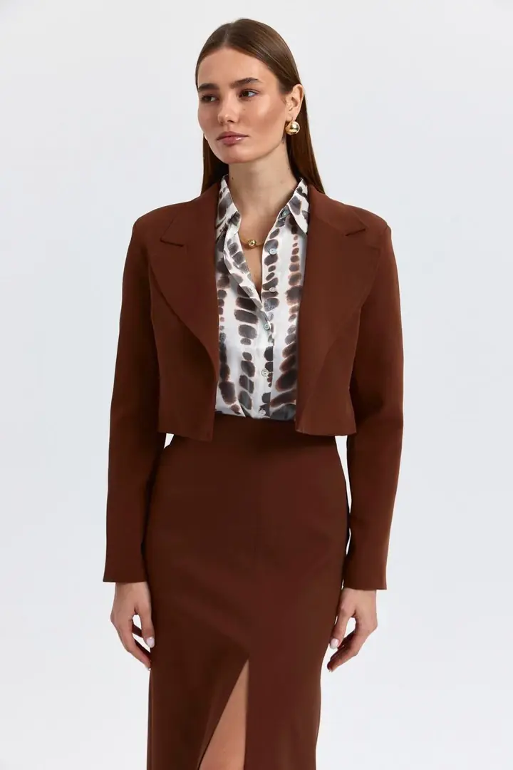 Vatkalı Blazer Crop Kadın Ceket - Kahverengi