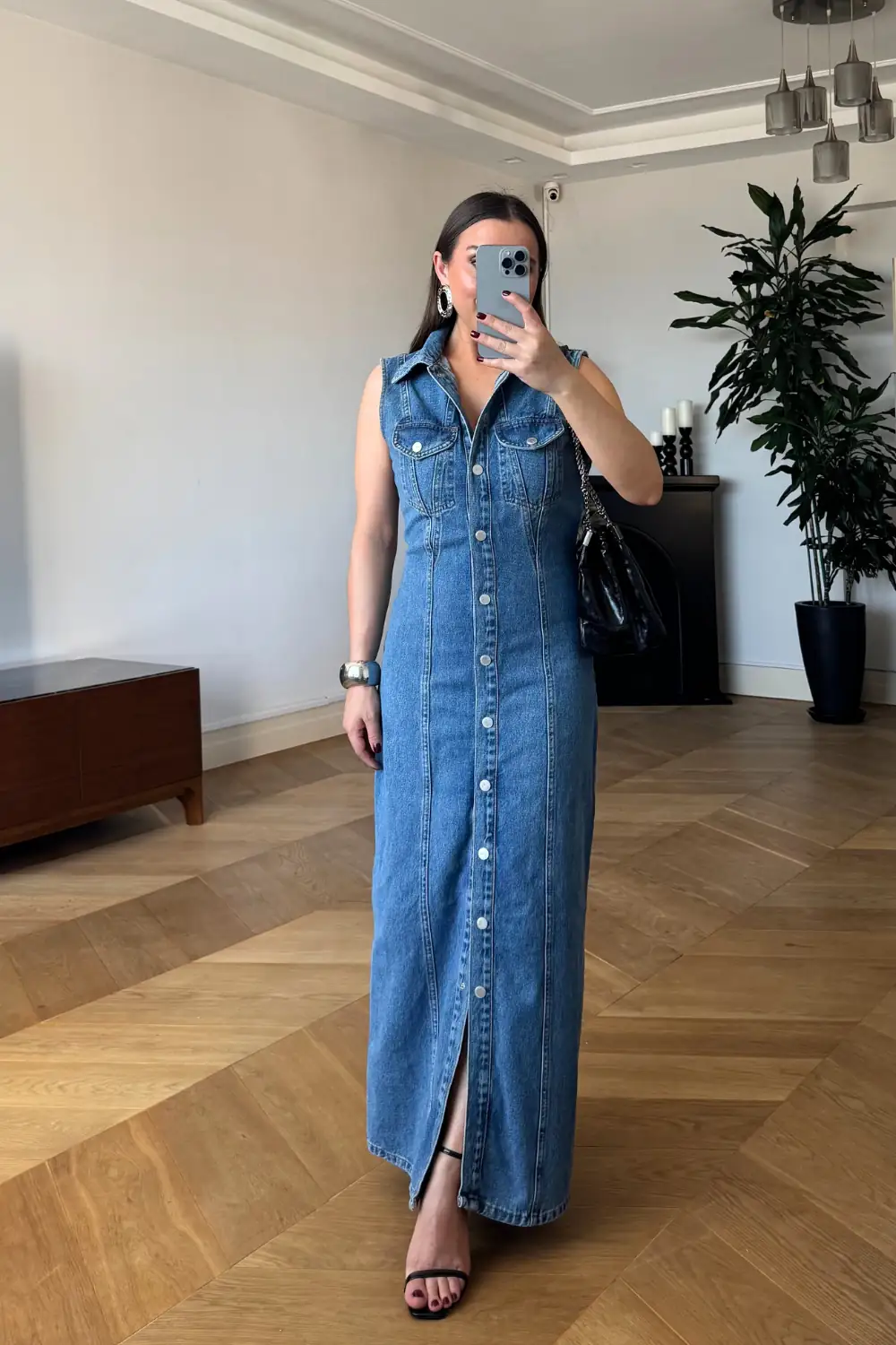 Sıfır Kol Denim Uzun Gömlek Elbise 6