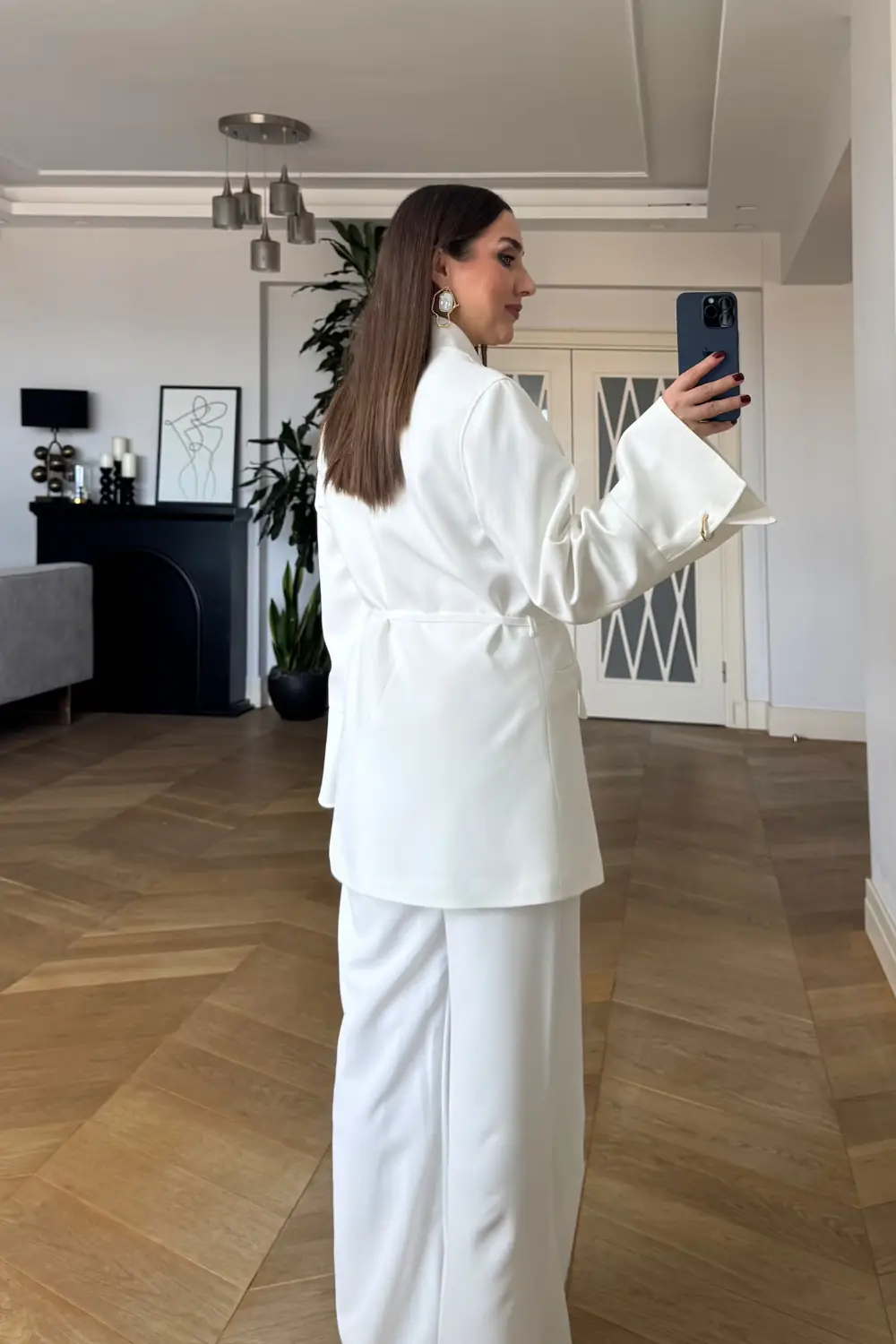 Dik Yaka Blazer Ceket Pantolon Kadın Takım - Beyaz