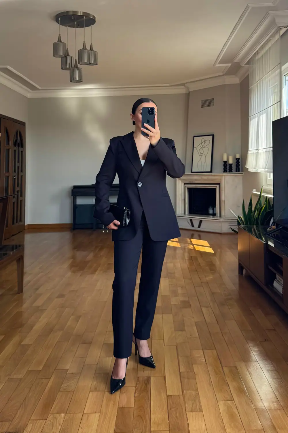 Tek Düğme Blazer Ceket Pantolon Kadın Takım - SİYAH