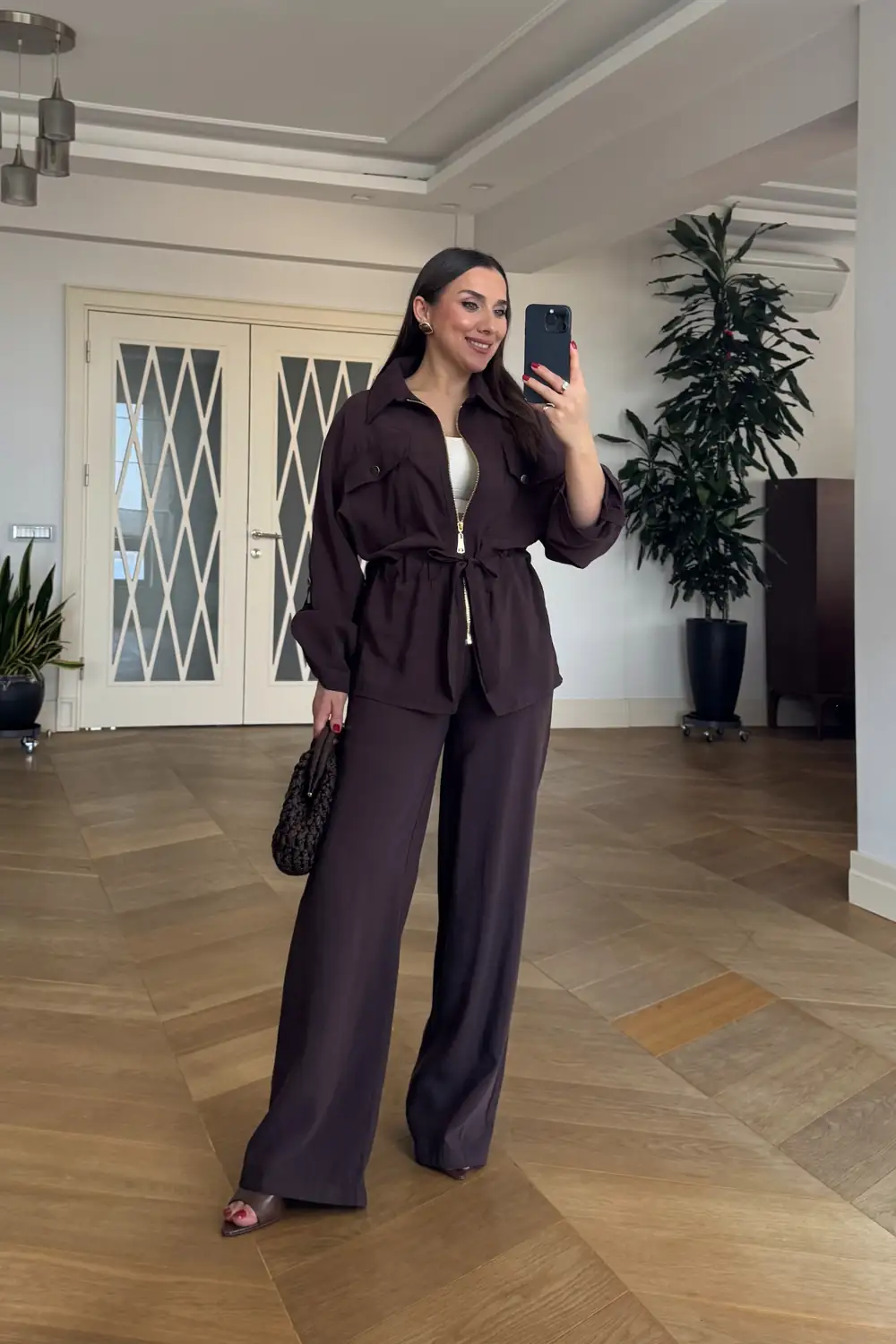 Modal Karışımlı Ceket Pantolon Kadın Takım - Kahverengi