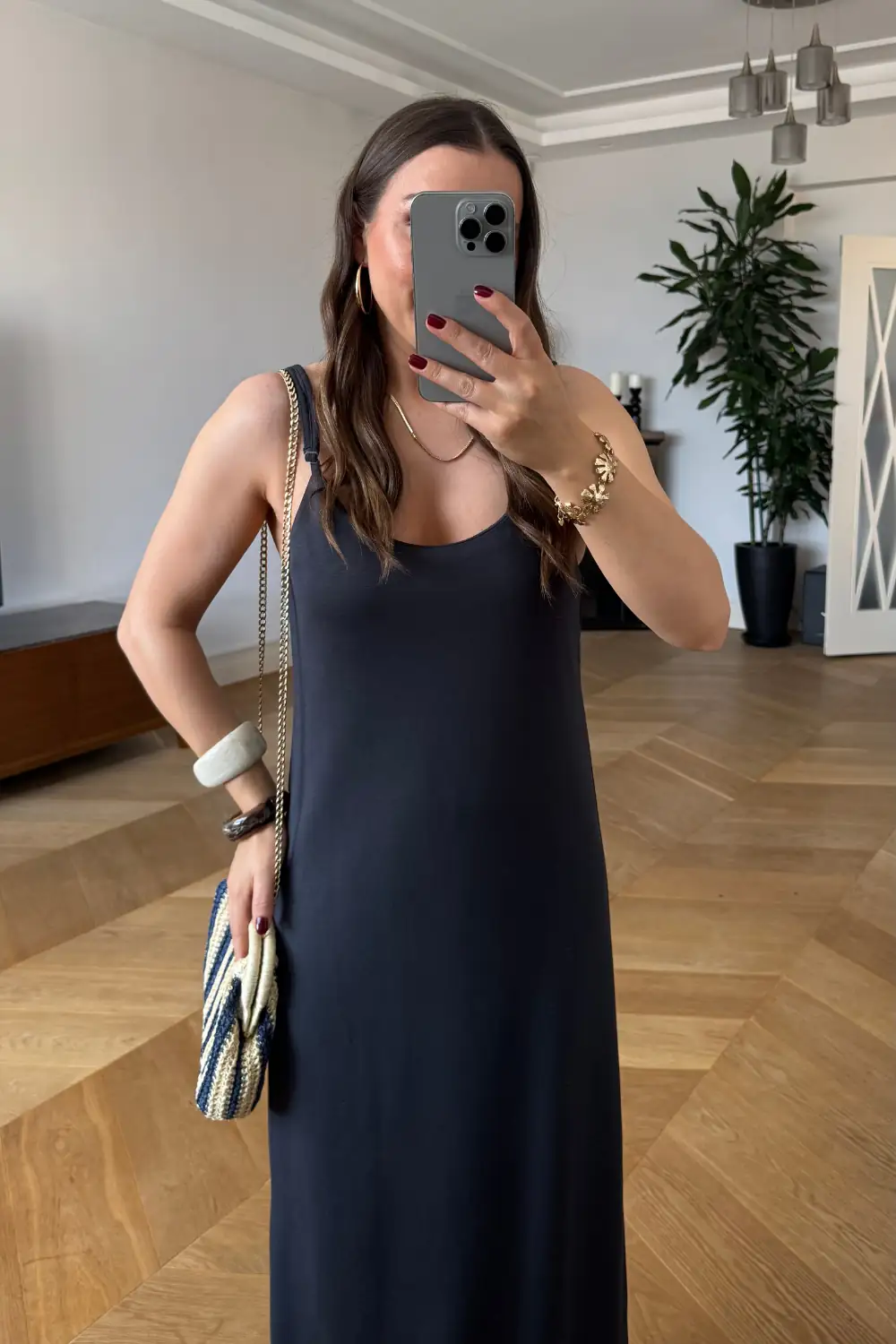 Standart Beden Basic Ayarlanabilir Askılı Uzun Elbise 6