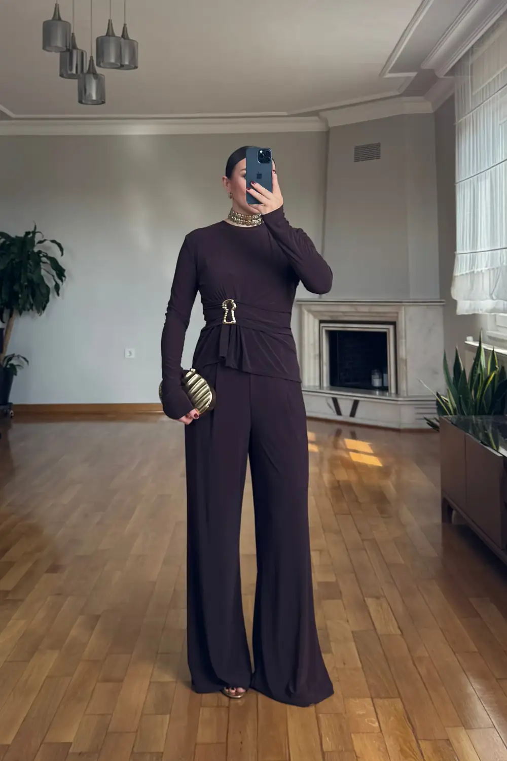 Toka Detaylı Bluz Pantolon Kadın Takım - Kahverengi