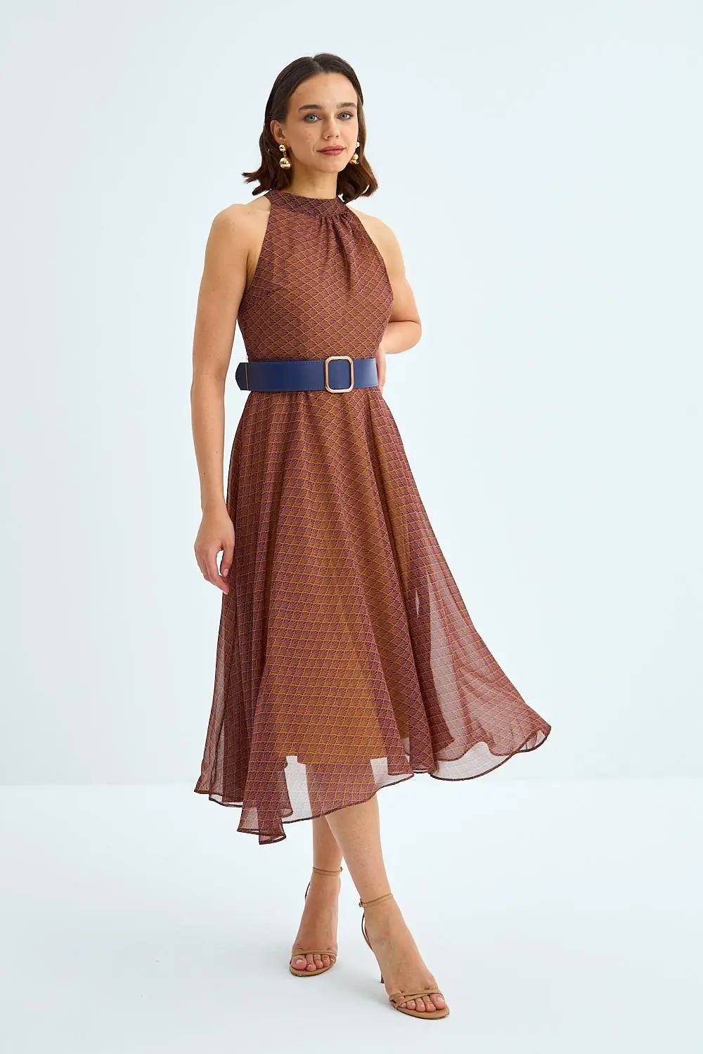 Halter Yaka Kemerli Midi Şifon Elbise 6