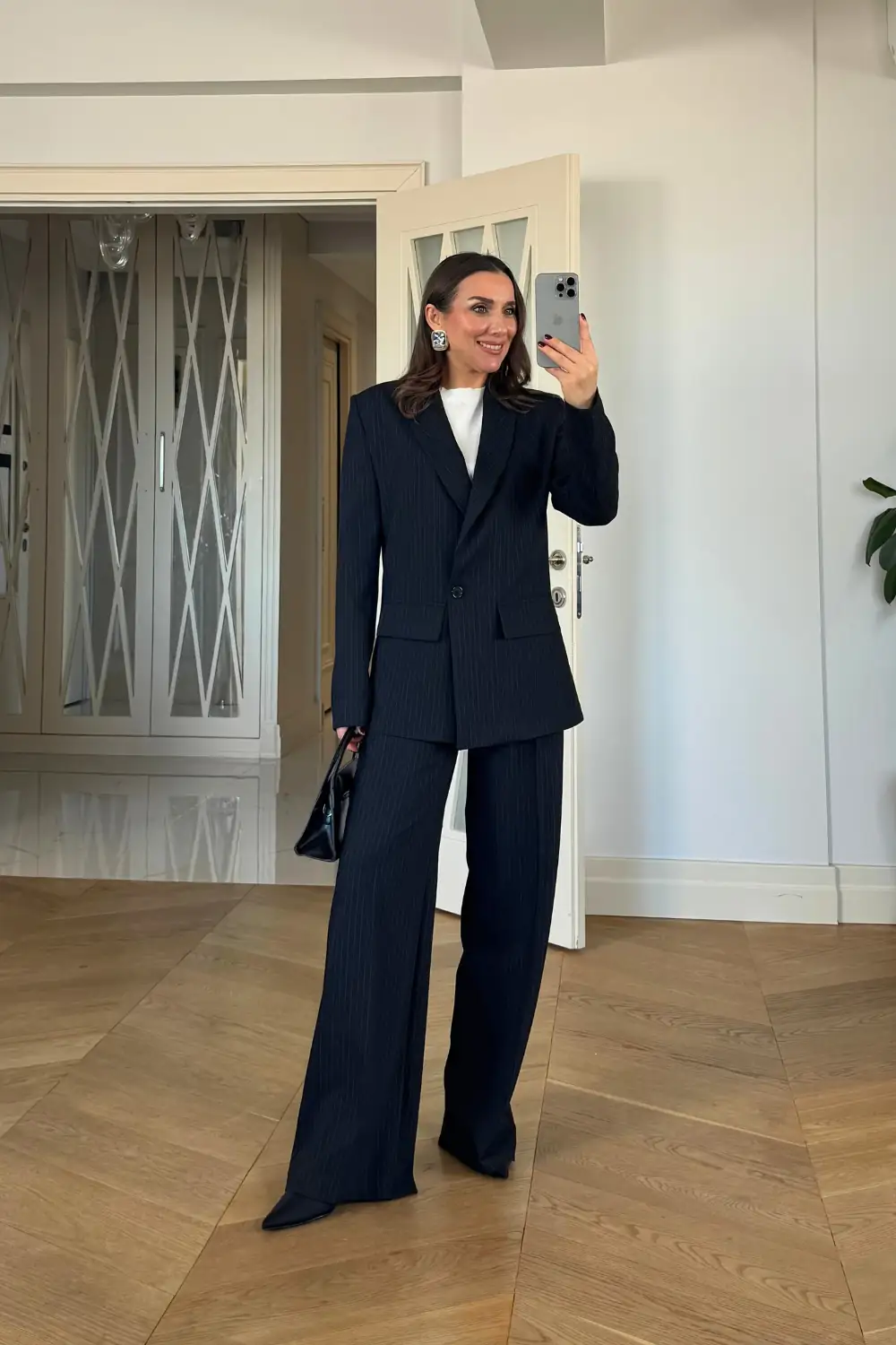 Kruvaze Çizgili Blazer Ceket Pantolon Kadın Takım - SİYAH