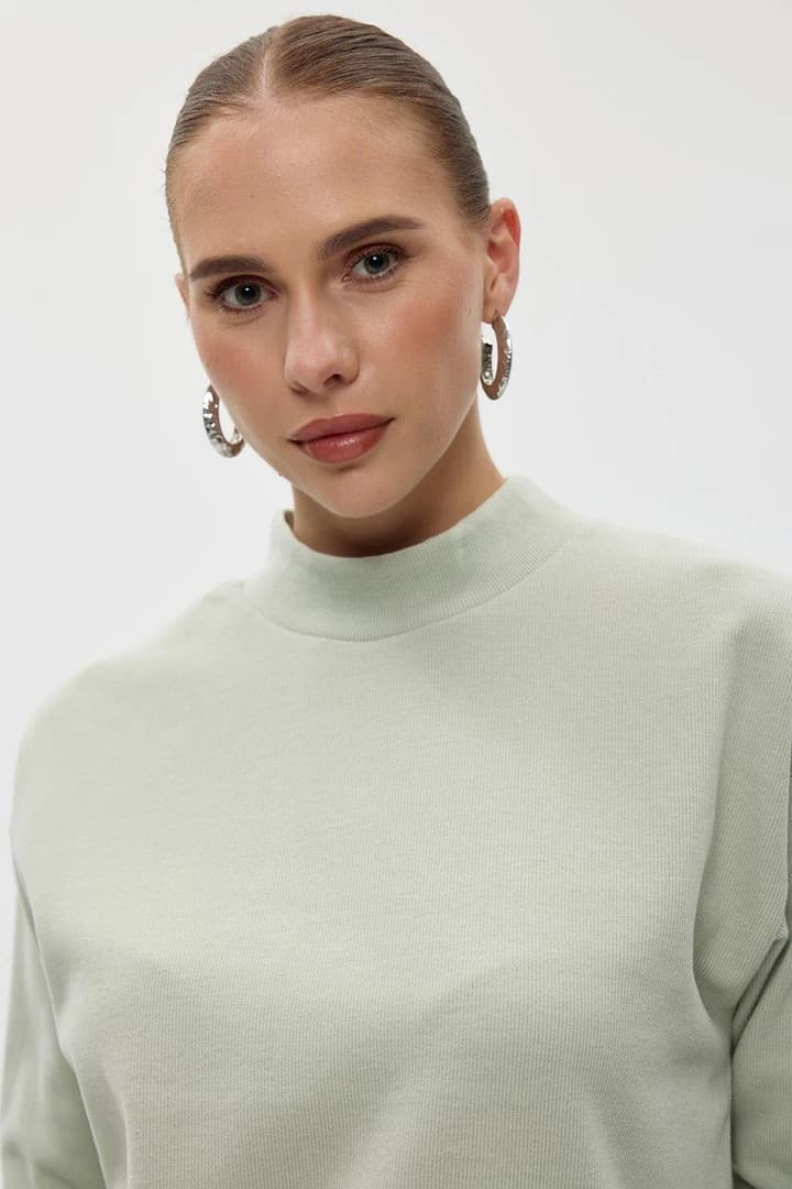 Yumuşak Dokulu Yarım Balıkçı Kadın Sweatshirt - Mint Yeşil