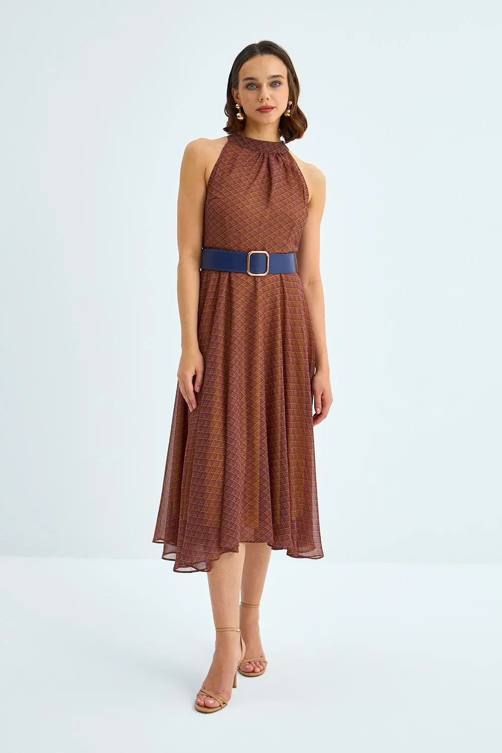 Halter Yaka Kemerli Midi Şifon Elbise 2