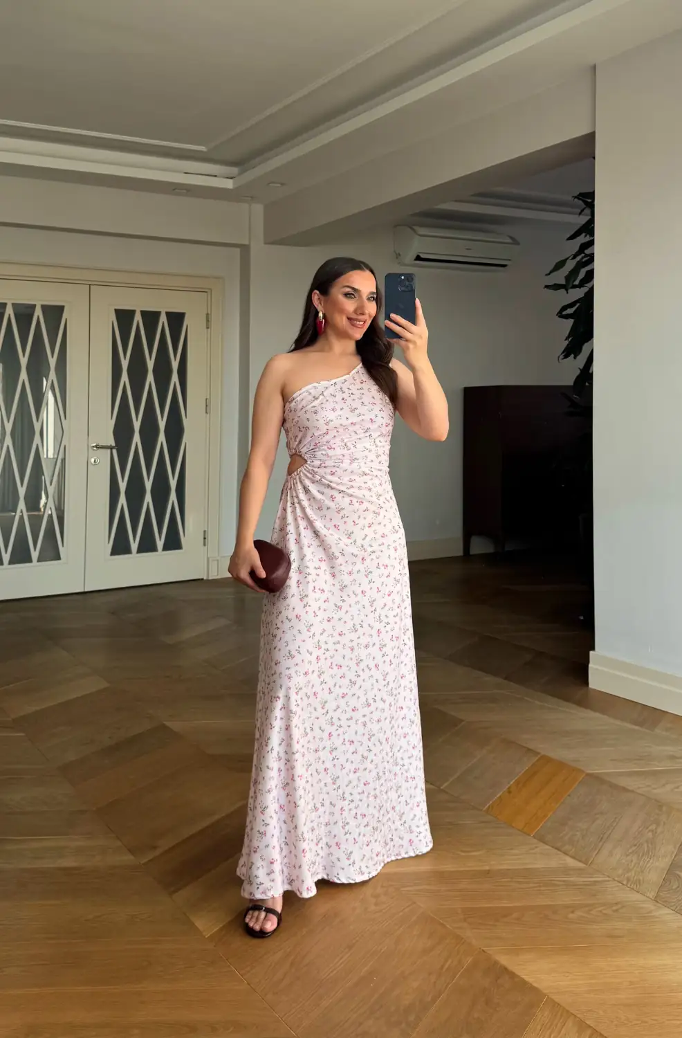 Çiçek Desenli Tek Omuz Uzun Elbise - Pembe