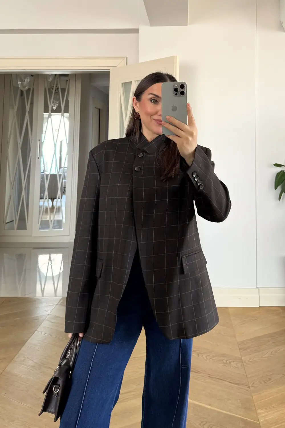Hakim Yaka Ekoseli Blazer Kadın Ceket - Kahverengi