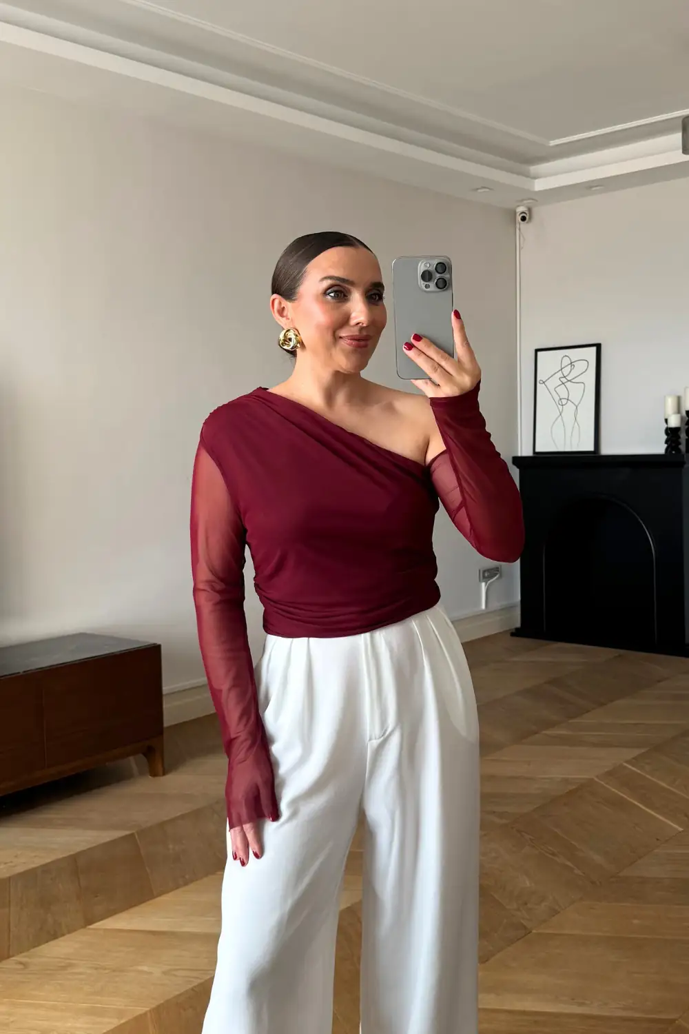 Drapeli Asimetrik Kesim Tül Bluz - BORDO