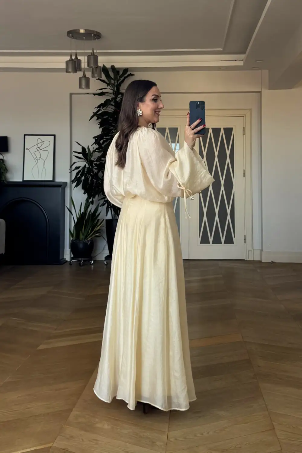 Büzgü Detaylı Bluz Etek Tencel Takım - Sarı