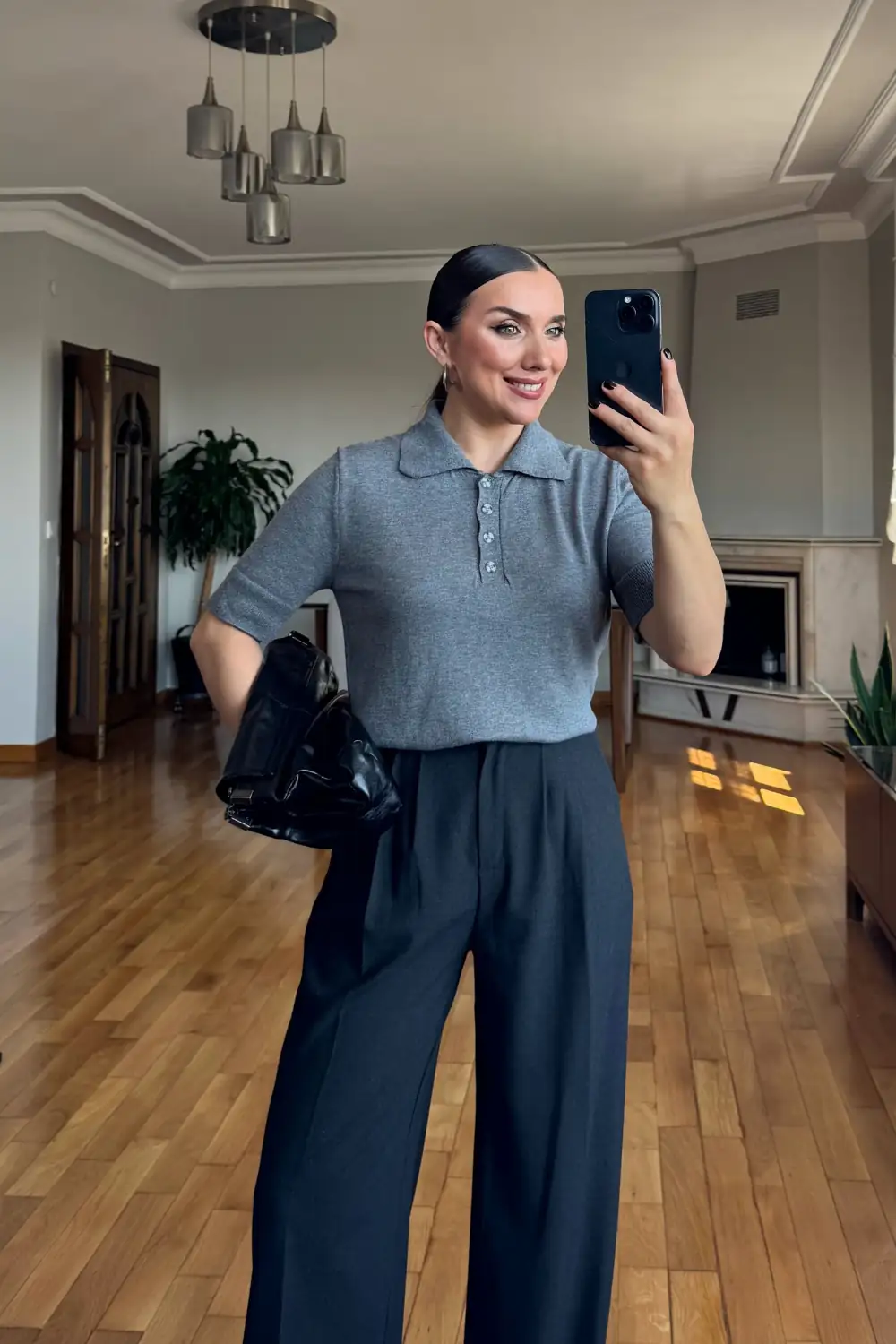 Kısa Kollu Polo Yaka Trilo Kadın Kazak - Antrasit