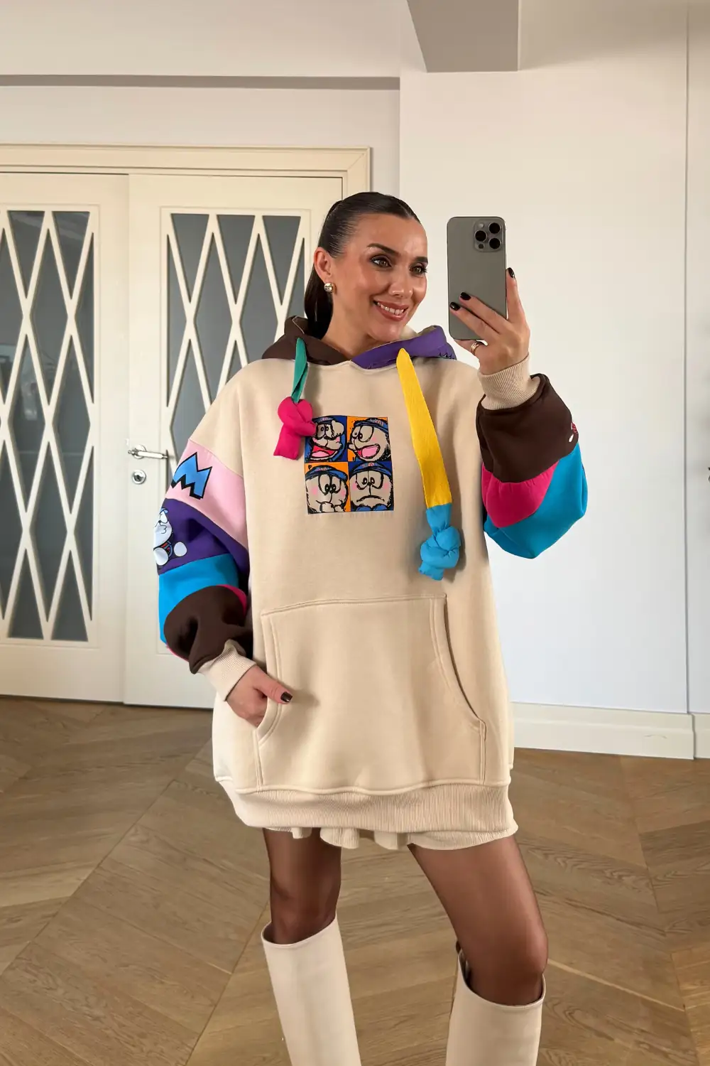 Oversize Kapüşonlu Kadın Sweatshirt - Bej
