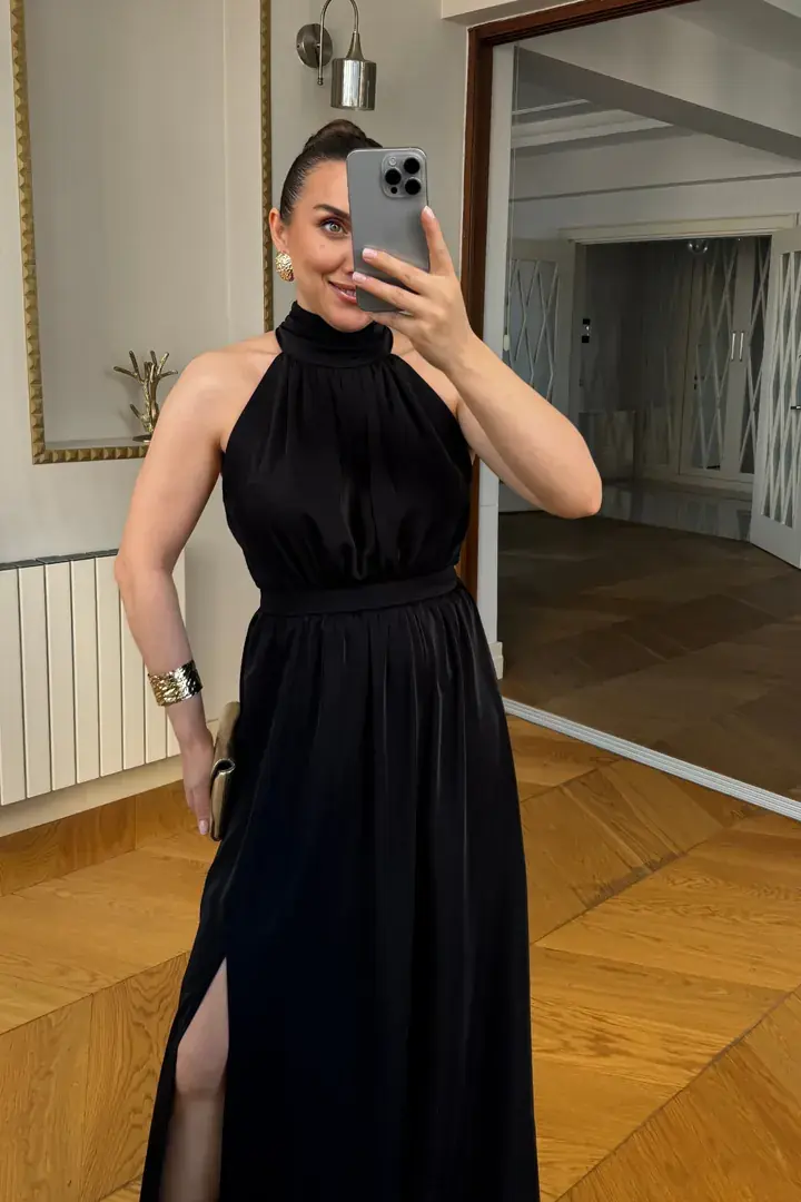 Halter Yaka Saten Uzun Elbise 2