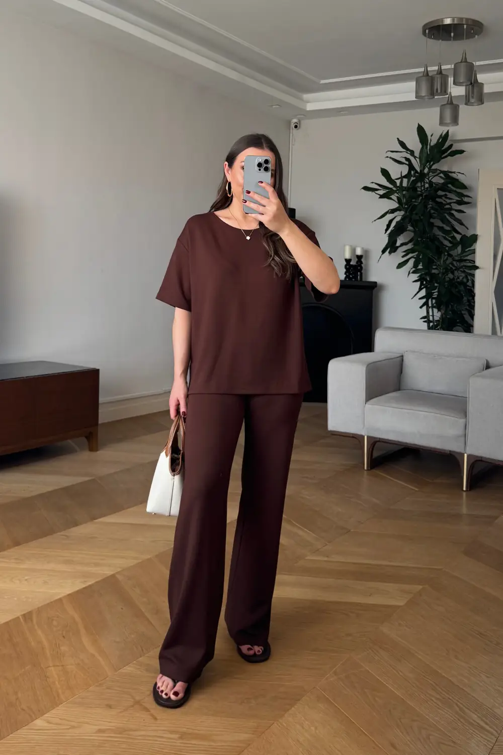 Basic Tshirt Eşofman Kadın Takım - Kahverengi