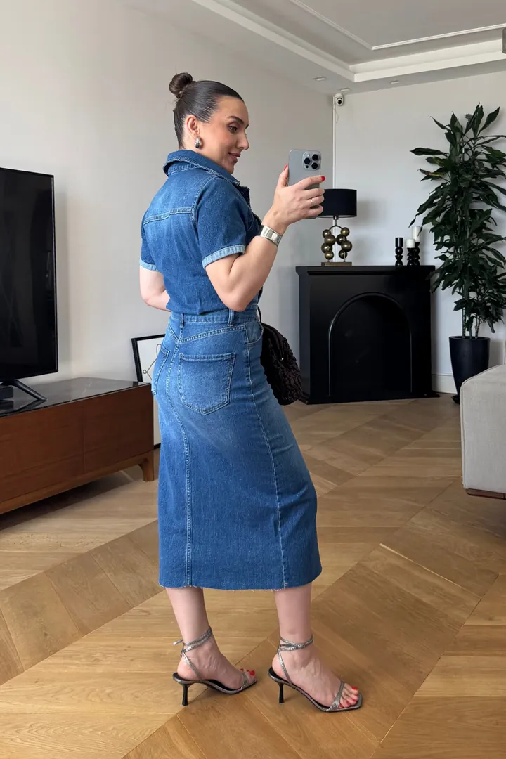 Kısa Kollu Midi Denim Elbise - MAVİ