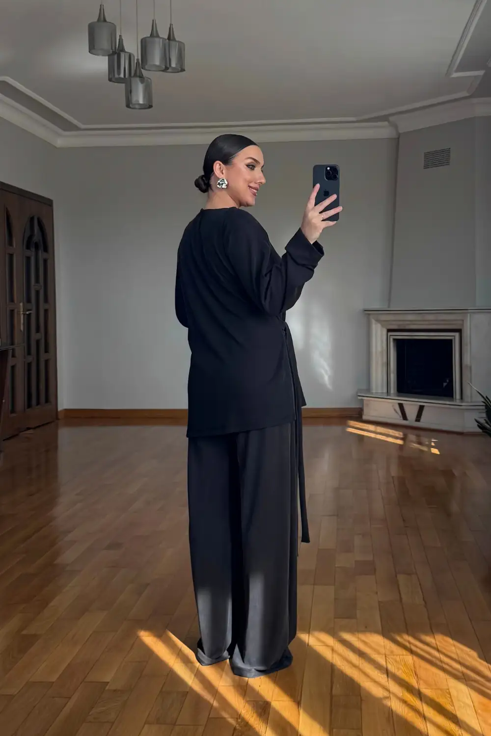 Vatkalı Bağlama Detaylı Bluz Pantolon Takım 7