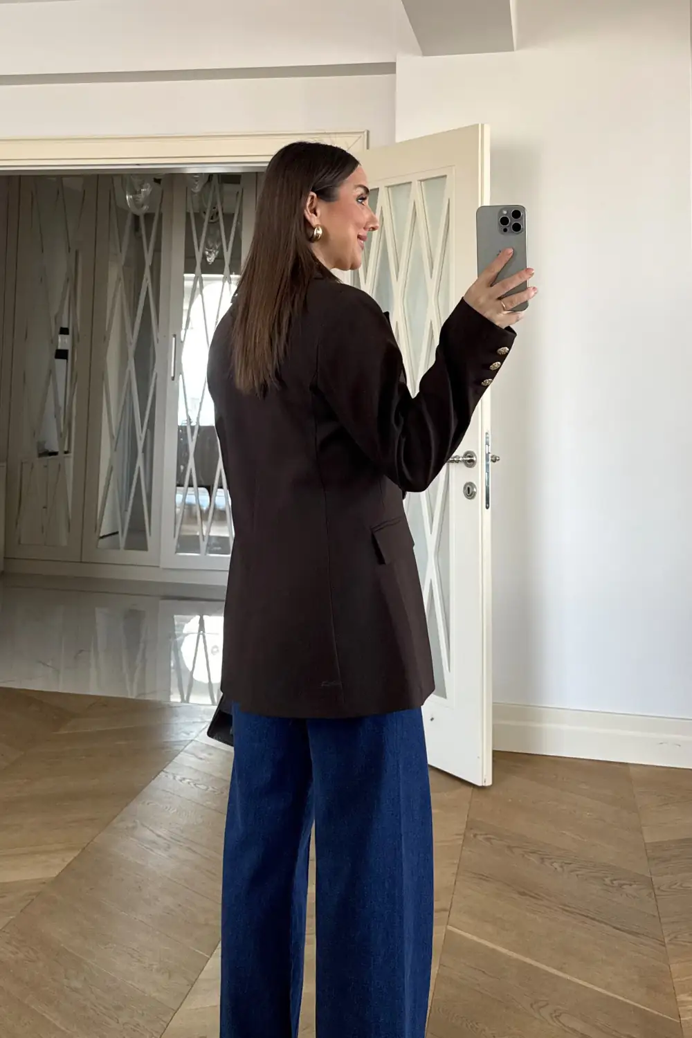 Gold Düğmeli Blazer Kadın Ceket - Kahverengi