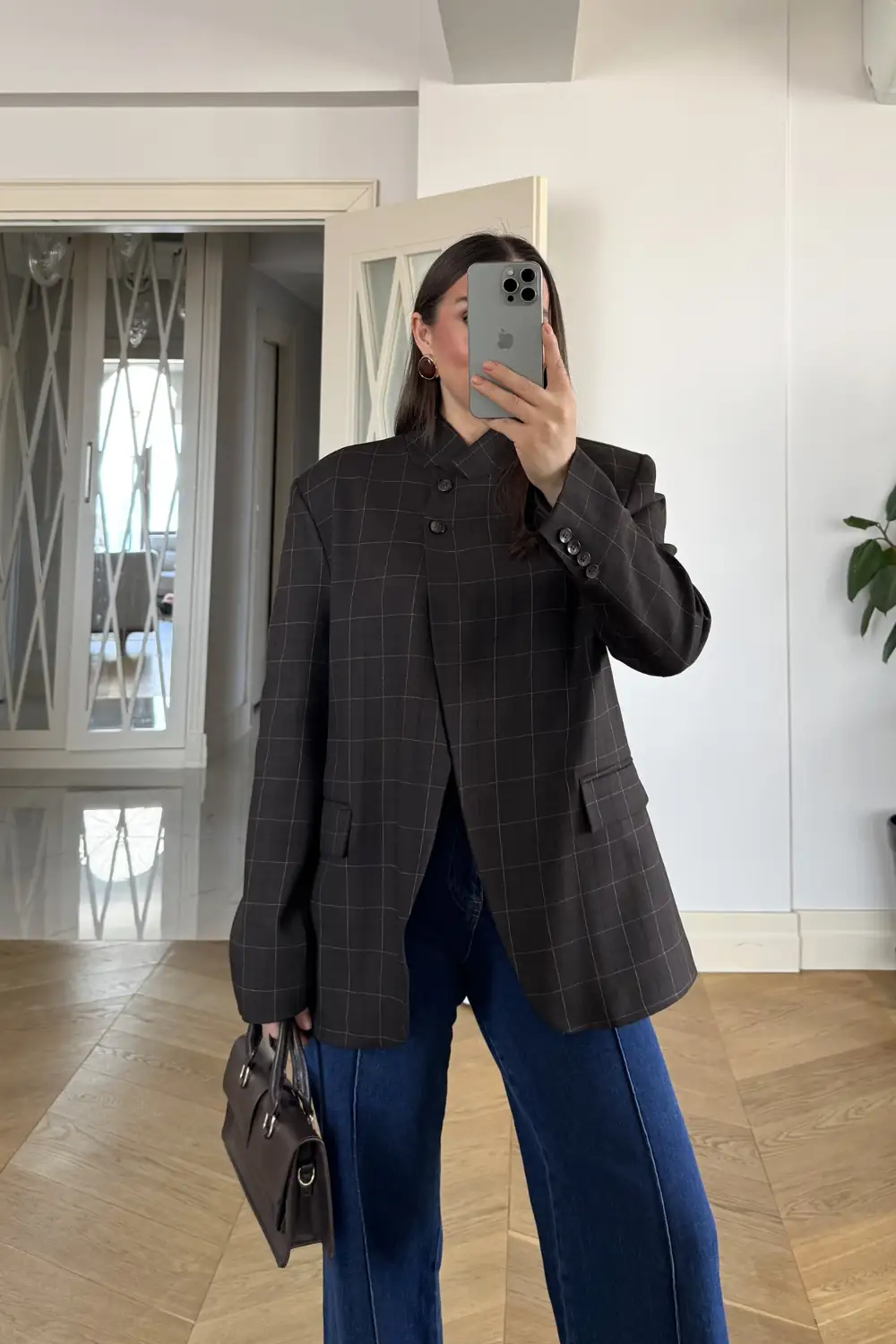 Hakim Yaka Ekoseli Blazer Kadın Ceket - Kahverengi