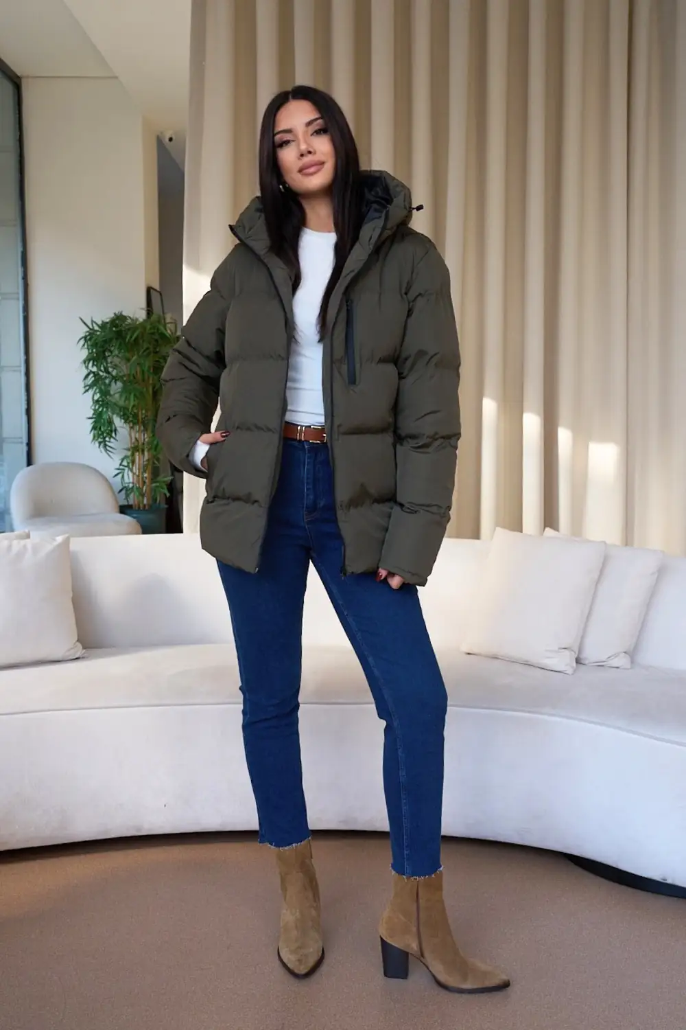 Unisex Dik Yaka Kapüşonlu Rüzgar Geçirmez Şişme Mont 2