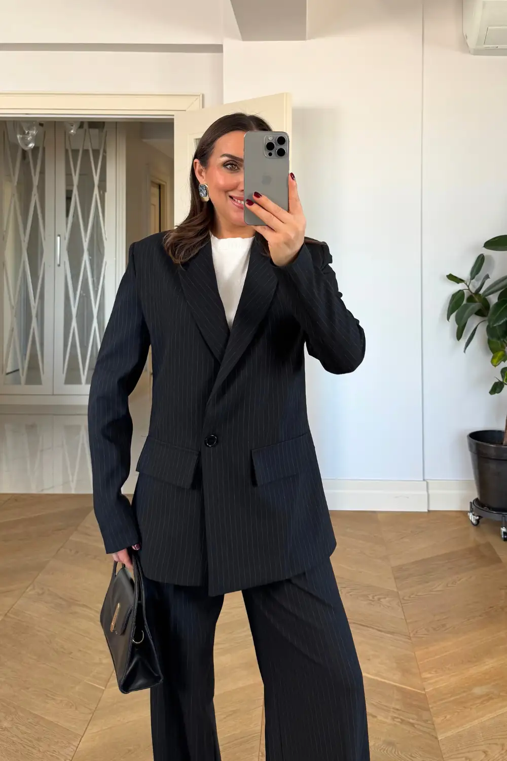 Kruvaze Çizgili Blazer Ceket Pantolon Kadın Takım - SİYAH