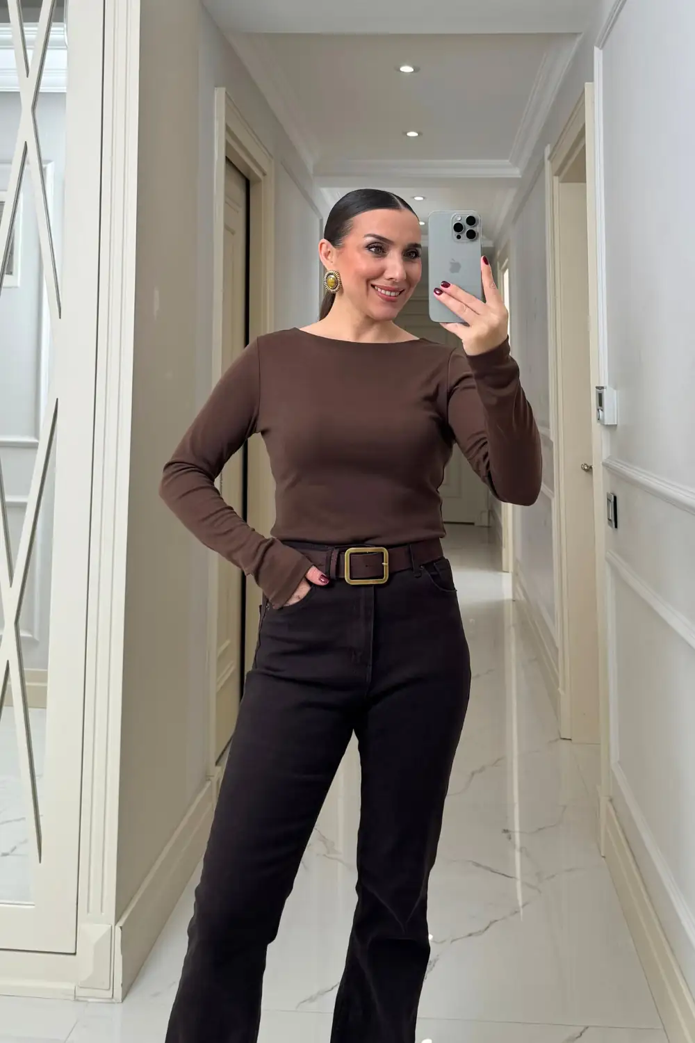 Kayık Yaka uzun Kollu Bluz - Kahverengi