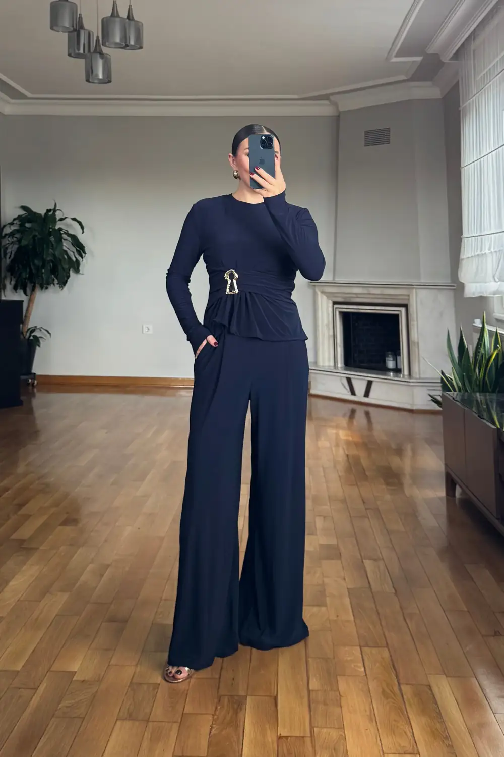 Toka Detaylı Bluz Pantolon Kadın Takım - Lacivert