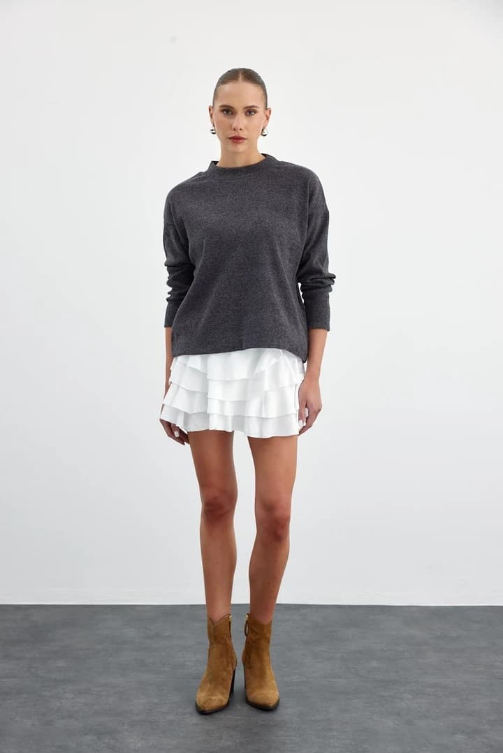 Yumuşak Dokulu Yarım Balıkçı Kadın Sweatshirt - Antrasit